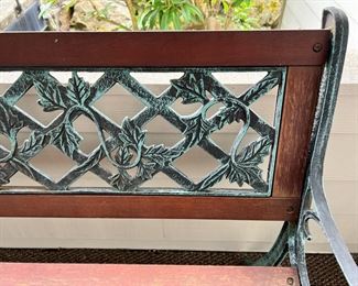 Outdoor Wood and Green Wrought Iron Bench with Vine Design