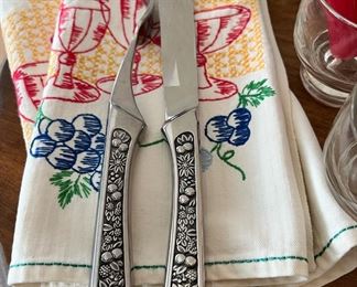 Pageant Harvest Carving Set, Embroidered Kitchen Towels with Wine Glass Design