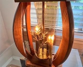 Pair of Etched Glass and Wood Framed Table Lamps