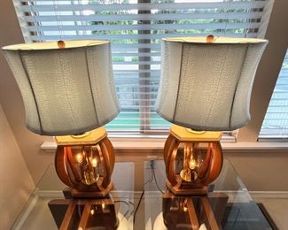 Pair of Etched Glass and Wood Framed Table Lamps