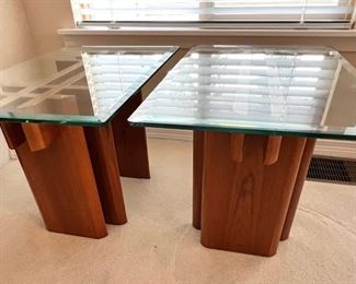 Two Mid Century Rectangular Glass Top Coffee Table with Cubist Stand