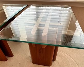 Two Mid Century Rectangular Glass Top Coffee Table with Cubist Stand