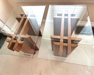 Two Mid Century Rectangular Glass Top Coffee Table with Cubist Stand