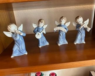 Set of Four Blue Porcelain Angels Playing Instruments