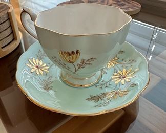 Queen Anne Baby Blue With Gold Daisies Teacup And Saucer