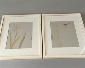 Set Of 2 Japanese Botanical And Dragonfly Watercolors, Modern