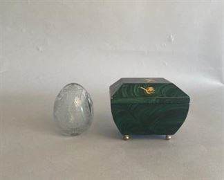 Etched And Cut Clear Glass Egg And A Faux-painted Lidded Box, Signed By The Artist