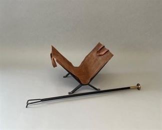Metal Frame Log Holder With Leather Sling And Fire Place Poker