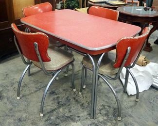 Mid Century Chrome And Vinyl Dinette Set Including Dinning Table With Leaf, 30" x 47" x 30", And Chairs, Qty 4