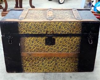 Antique Wood Travel Trunk Wrapped In Embossed Tin Includes Inner Tray, 18" x 30" x 15.5"