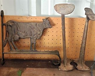 Cast Iron Cobbler Shoe Forms, Qty 2, And Cast Iron Cow Bell Hanger