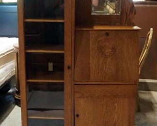 Antique Curio Secretary Cabinet On Casters, With Mirror, 68" x 36" x 13"
