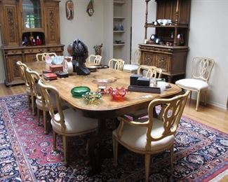 Beautiful French inlaid table and 12 chairs