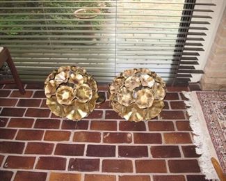 Pair of brutalist brass hanging fixtures by Tom Greene