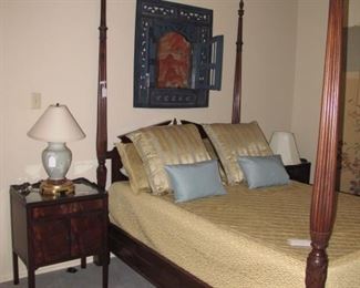 Pair of mahogany night stands and full size 4 poster bed with Casper mattress