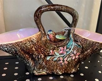 $187.50! Circa 1880 Continental Majolica Bird on  Tree Trunk Form Basket Planter.