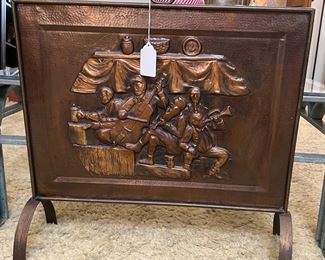 $175! Circa 1900 English Arts & Crafts Movement Brass/Hammered Copper Repousse Band Motif Fireplace Screen.