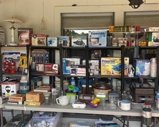 Pumps, office items, lamps, Tupperware, cigar boxes, Crockpot, etc.