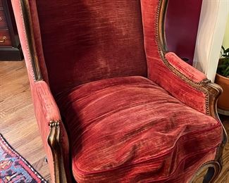 Beautiful antique English armchair in cranberry mohair…a real find!  Down-filled custom pillow.