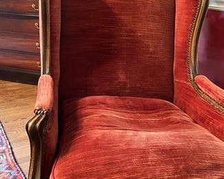 Beautiful antique English armchair in cranberry mohair