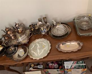 Silver tea set, trays and cups
