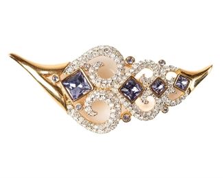 Beautiful Swan Swarovski Purple & Clear Crystals On Gold Tone Brooch