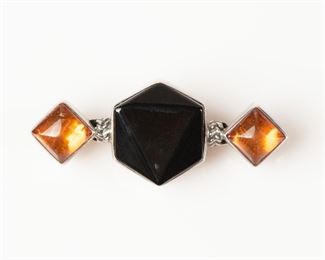 Vintage Lori Bonn Geometrical Sterling Silver Onyx And Amber Pin 
