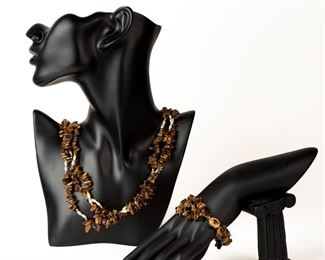 Vintage 3 Strand Tiger's Eye And Pearl Necklace Bracelet Set