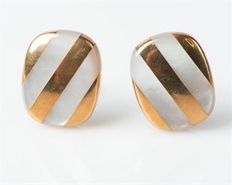 Vintage European 585 14K Yellow Gold Mother Of Pearl Diagonal Stripe Earrings