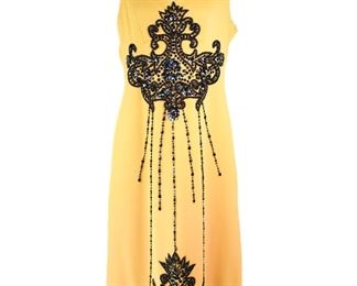 Beautiful Vintage Black And Aurora Borealis Sequin & Beads On Yellow Dress C.1970's