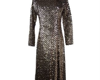Vintage Ilgwu Silvery Gold And Black Sequins Long Sleeve Maxi Dress