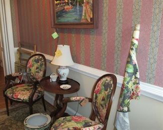 beautiful decorator chairs with harp table, Sara Muse original art, lamp, oriental pot, material