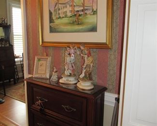 skinny hall table, Sara Muse original, figurines, pots, easel