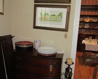 4 drawer chest, Sara Muse prints of downtown Perry, chargers, fruit, candle