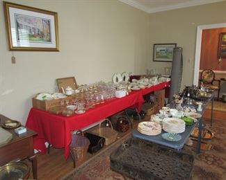 glassware, china, metal stand, queen anne sofa or side table, Christmas china, original artwork, baskets, rugs, silverplate