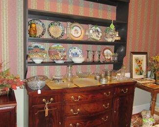 Beautiful Mahogany sideboard, Large wall display shelf, china plates, glassware