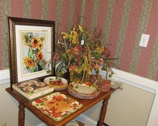 adorable little oak table, original artwork, floral, pier one fall plates