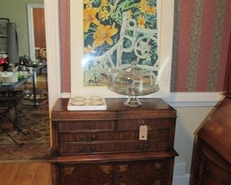 amazing silver chest, cake pedestal, artwork