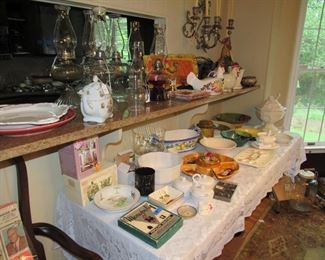 vintage oil lamps, vintage Monopoly game pieces, decor, wall sconce, platters, chickens