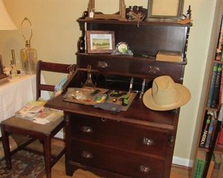 victorian ladies desk, chair, pocket knives, hat