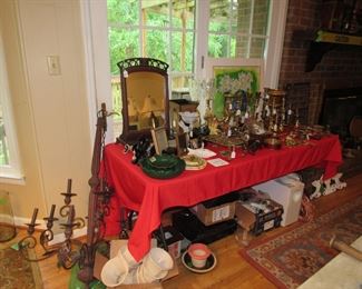 light fixture, brass, pots, home theatre system, artwork, mirror