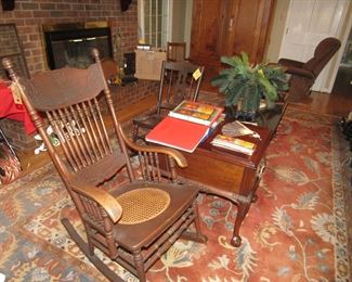 oak rocker, Thomasville end tables, decor, beautiful large rug, Muse Peach crate labels