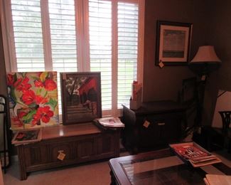 original art, cedar chest as is, coffee table, old mirror, washstand