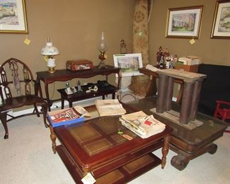 unique chair, sofa table, coffee tables, library tables, pilgrims, large rug, original artwork, child's rocker, antique lamps