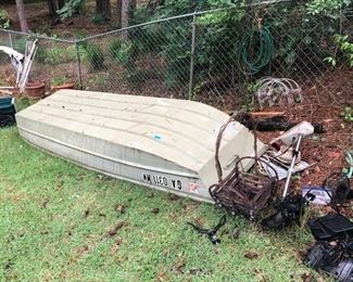 old Sears Jon boat, planters, trolling motors as is