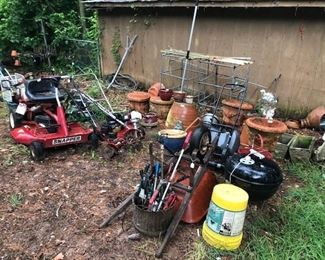 snapper mower, wheelbarrow planters, small weber grill, misc. garden stuff, tiller