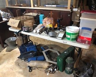 hurricane shades, coal bucket, buoys, plastic containers, misc.