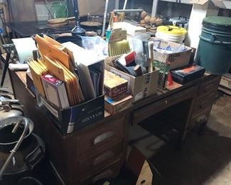 office supplies, old wood desk, fishing misc., painting misc.