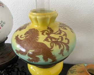 Rare antique B&H Bradley and Hubbard dragon claw foot kerosene lamp with Asian Chinese dragon or lion design shade 