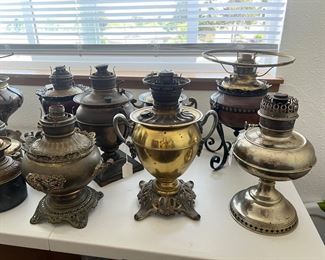 Amazing collection of antique kerosene lamp bases and parts from quality makers like B&H (Bradley and Hubbard)